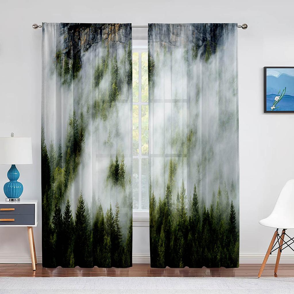 Misty Forest Sheer Voile Curtain Foggy Scenic Green Nature Landscape Window Tulle Curtains for Bedroom Living Room Kitchen Decor