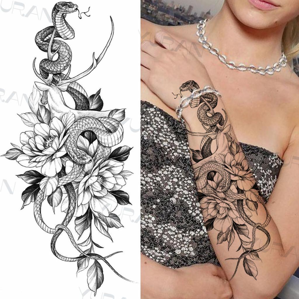 Zwarte Grote Slang Bloem Fake Tattoo Sticker Voor Vrouwen Dot Rose Pioen Tijdelijke Tattoos DIY Water Transfer Tatoos Meisjes