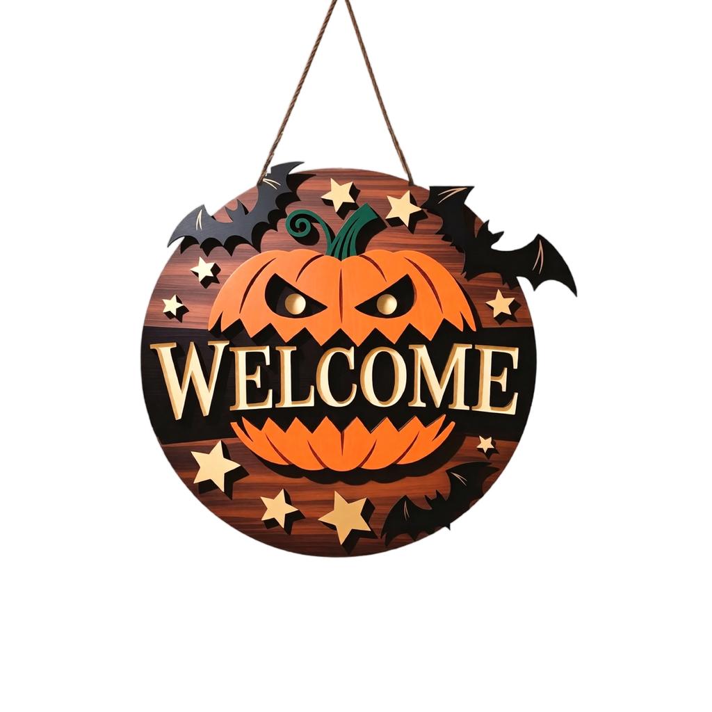 Halloween Wooden Pumpkin Welcome Sign for Front Door, Porch and Outdoor Wall Hanging Decor