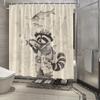 Skurriler Waschbär beim Angeln Duschvorhang - Anthropomorphes Design, Bleistiftzeichnung, Polyester, 12 Haken, Verspielte Dekoration