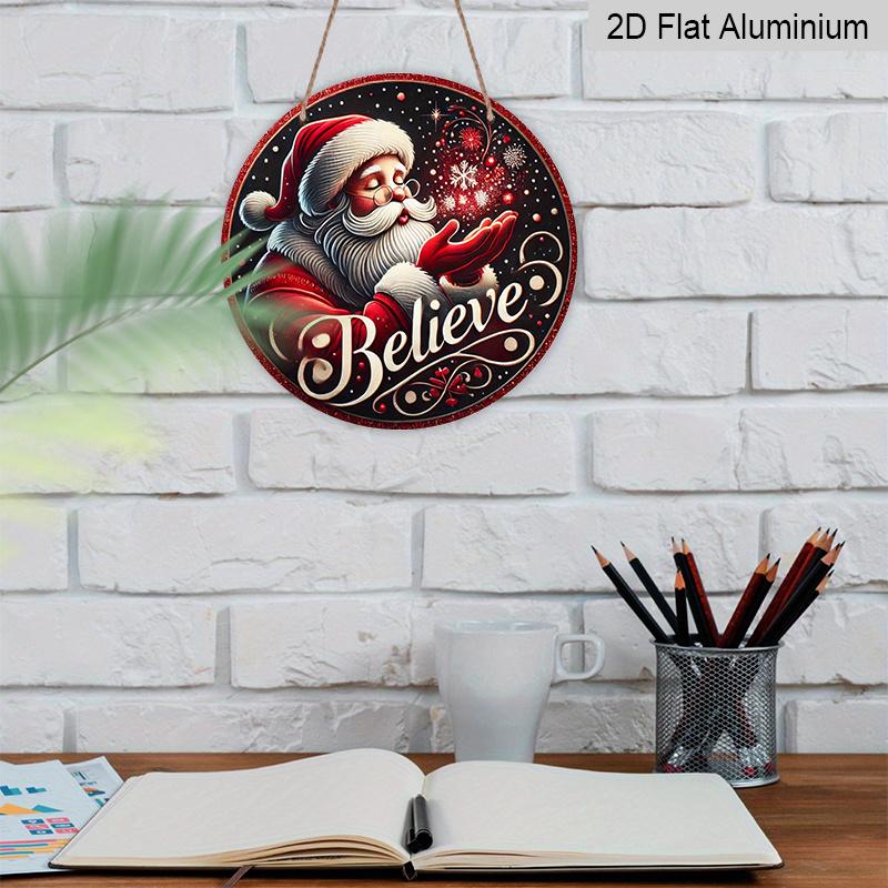 2D Flat, 1pc Round Aluminum Hanging Sign, Dark Snowy Background Classic Santa Claus Snowflake Believe Cursive Print, Farmhouse Front Porch Patio Yard