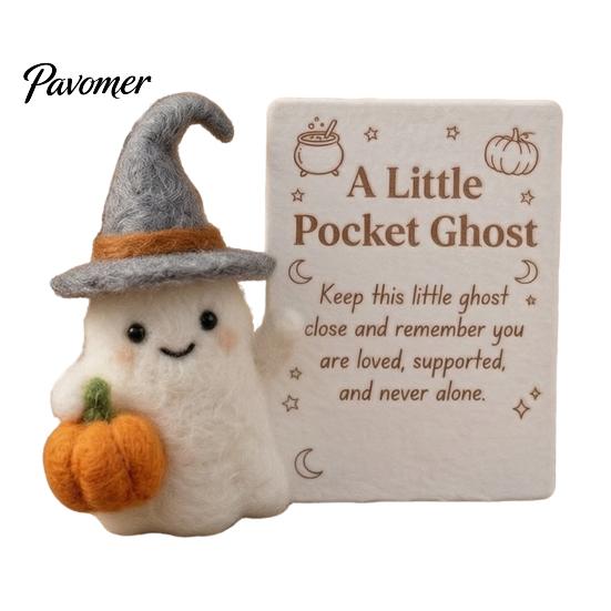 Unique Desk Buddy Little Pocket Ghost, Halloween Handmade Wool Felted Ghost with Pumpkin, Mini Birthday Gift for Friend Plush Doll Inspirational Card,