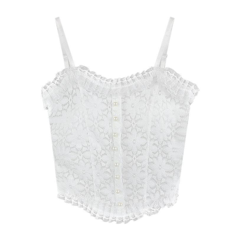 

Lace pattern small suspender vest with chest pad, beautiful back with pleated pearl inside, sexy outer wear, bottom chest wrap top One size fits all белый