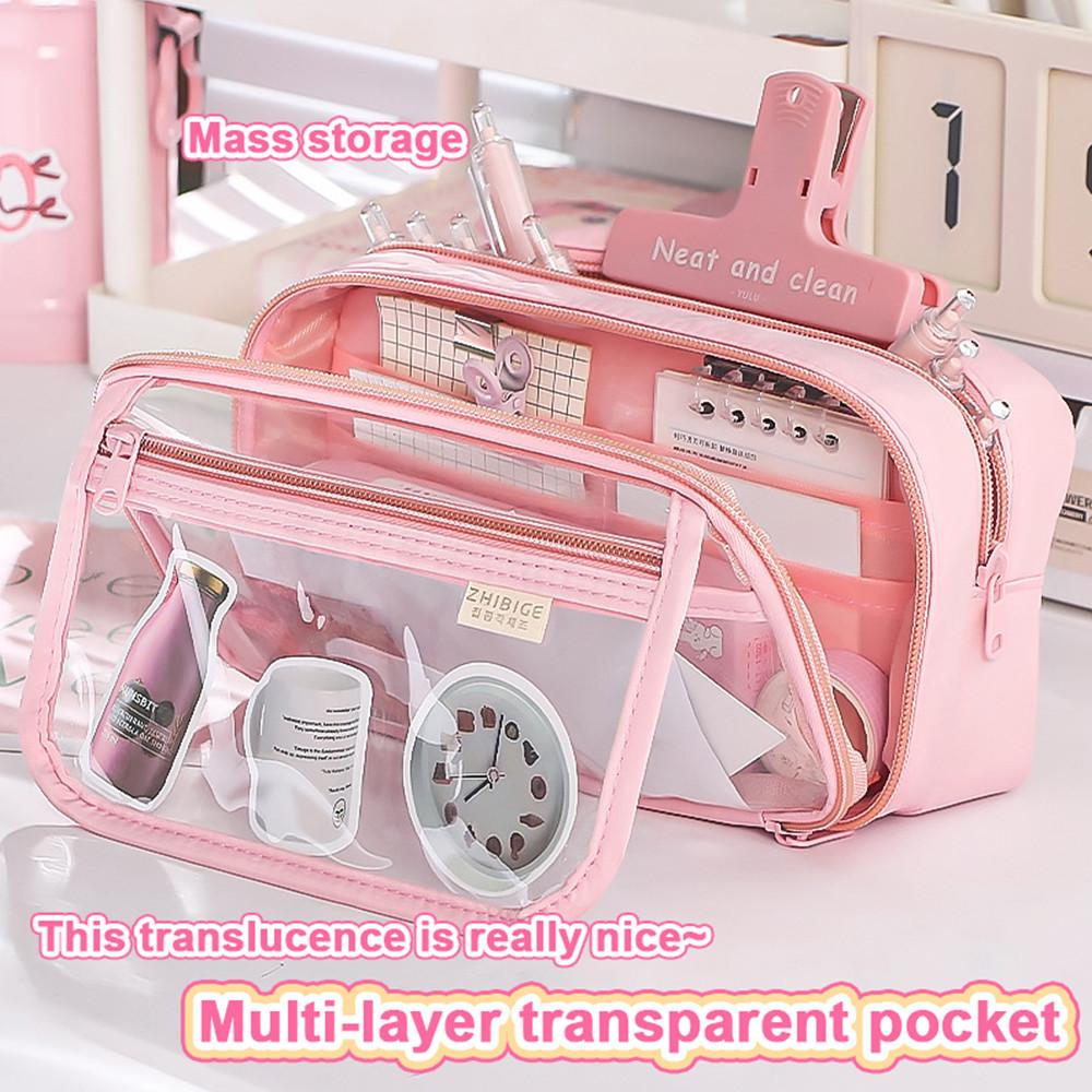 Kawaii Pencil Case  Transparent  Large Capacity  Flip Cover Simple Box For StudnetsOffice Supplies Stationery