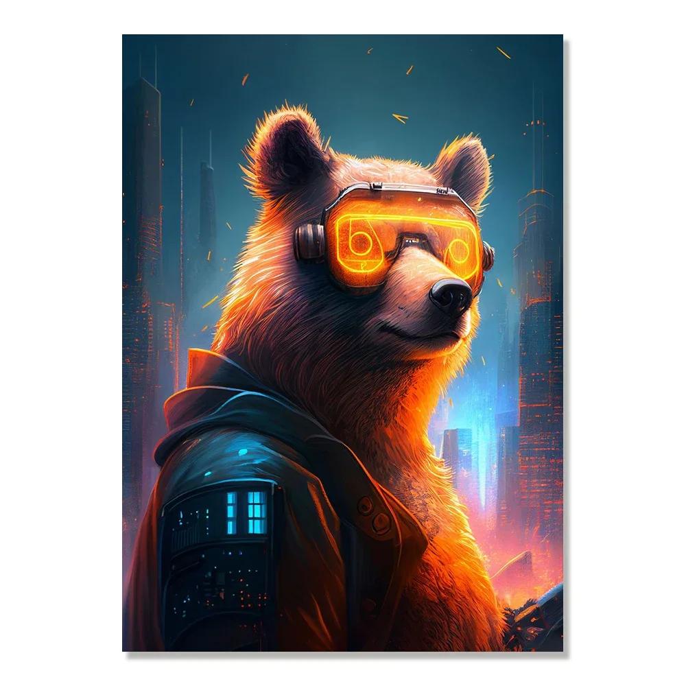 Cyberpunk Style Future Fantasy Lion Monkey Agent Animal Poster Wall Art Canvas Painting for Living Room Home Decoration