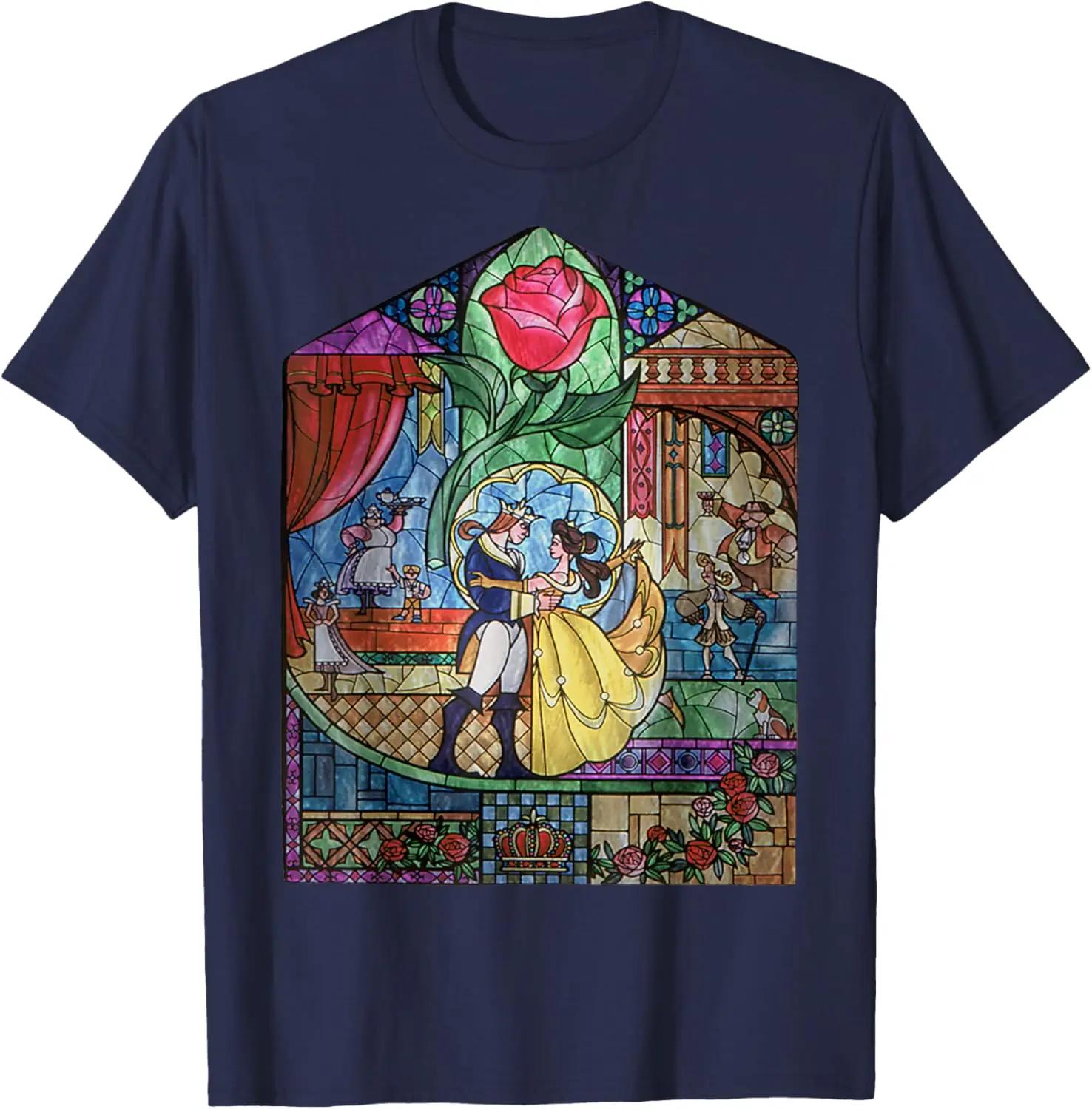 Hot Fashion Casual Disney Beauty and the Beast Enchanted Stained Glass Window T-Shirt S-4XL Four Seasons XL
