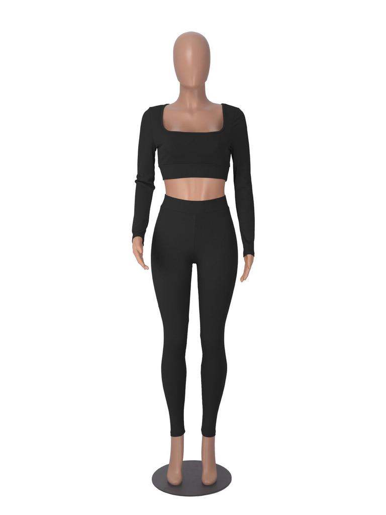 Women's Summer 2026 European & American Square Neck Two-Piece Set - Slim Fit, Long Sleeve, Solid Color Suit