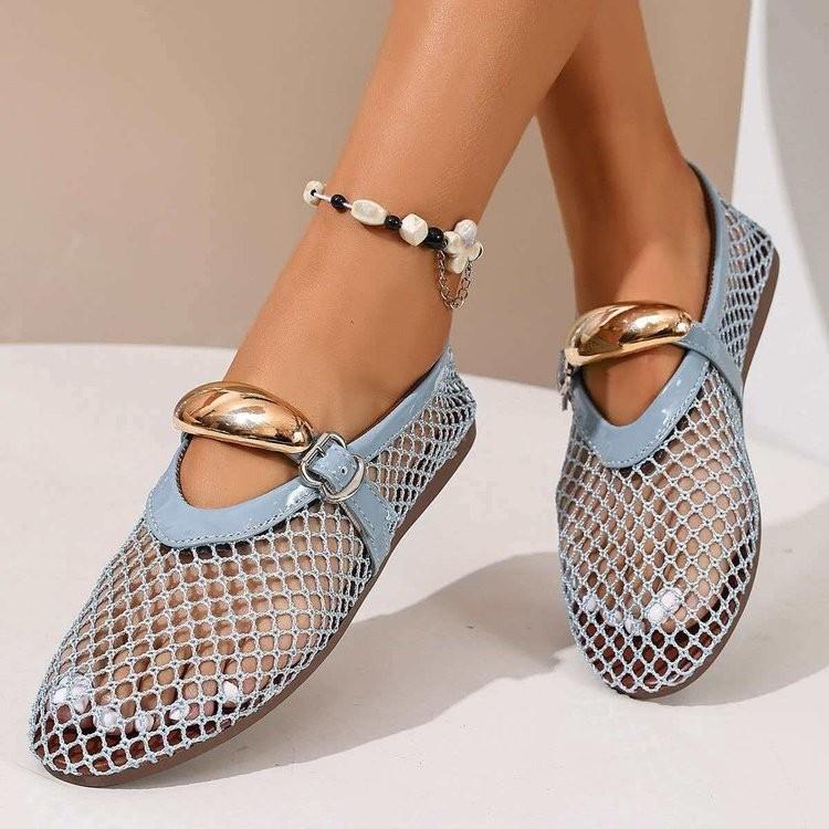 Women Hollow Mesh Mary Jane Flats Strap Breathable Openwork Slip On Casual Summer Flat Shoes