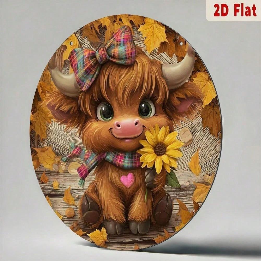 Cute Fluffy Cow Metal Sign with Sunflower Bow - 2D Farmhouse Wall Art Decor