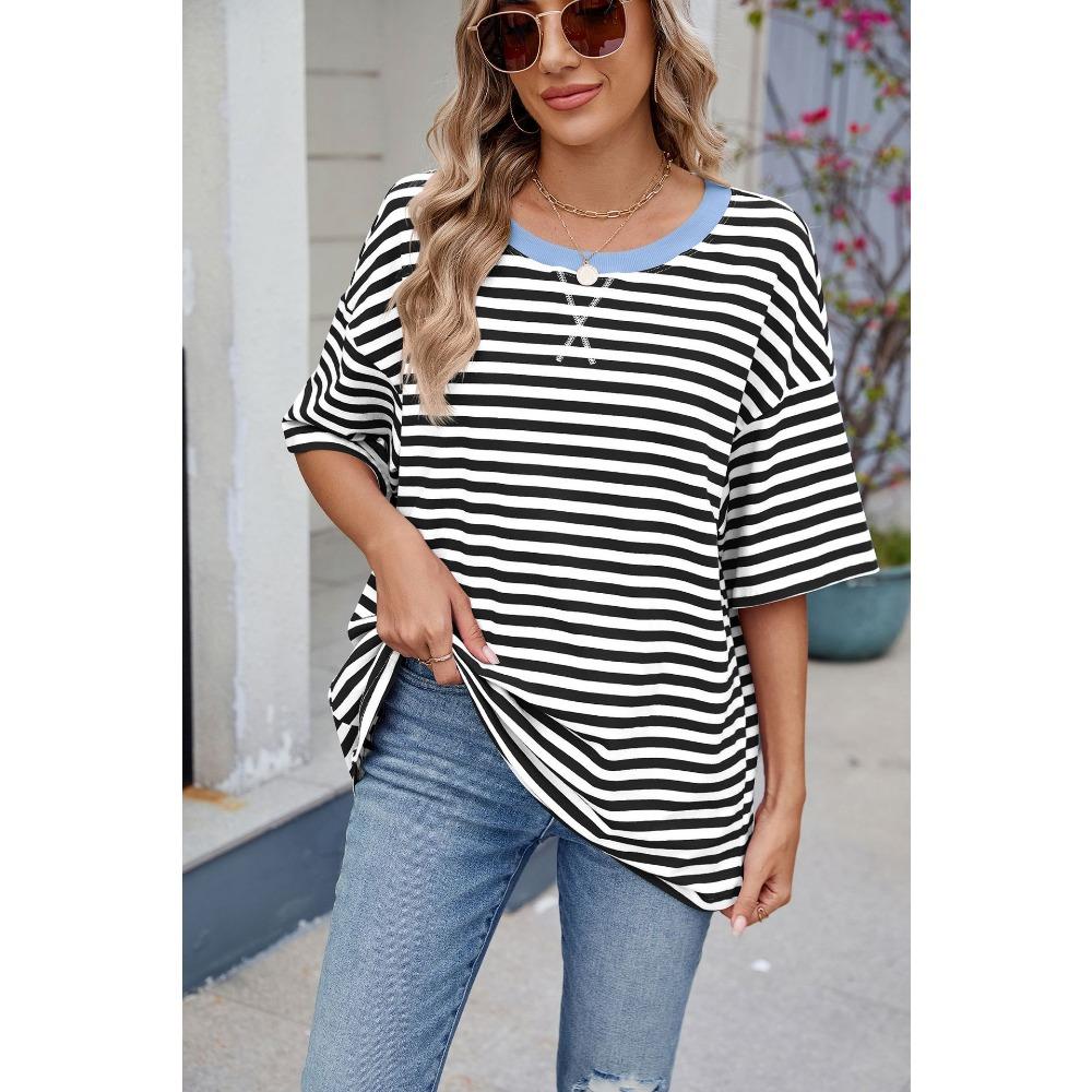 Frühling und Sommer Neues Damen Gestreiftes Kontrast-Lose Kurzarm-T-Shirt