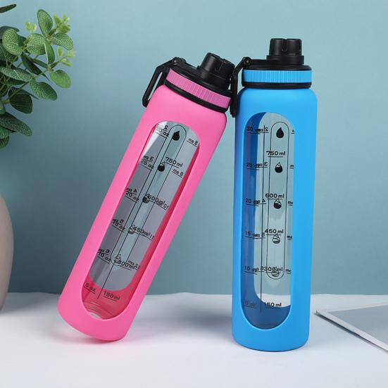 Glaswasserflasche mit Silikonhülle Zeitmarkierung 1000ml Auslaufsicher Borosilikat Wasserbecher für Sport Fitness Büro BPA-frei Getränke Geschenkidee