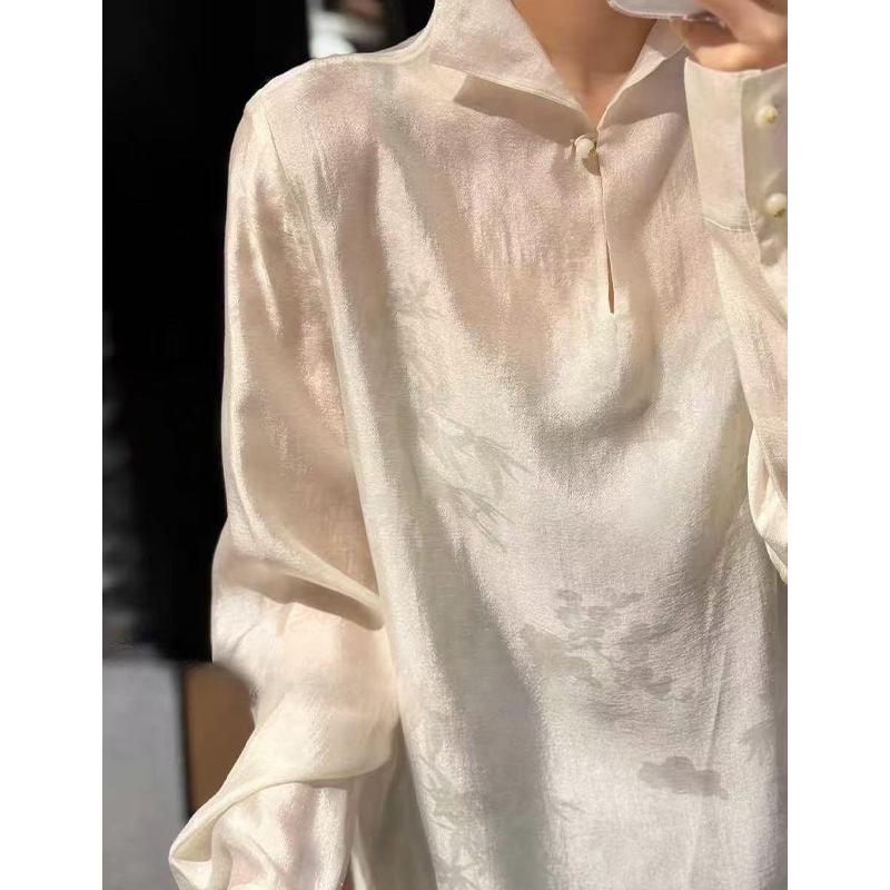 Rongtai Women's Elegant Spring 2026 Jacquard Dark Pattern Loose Shirt with Half-Open Collar