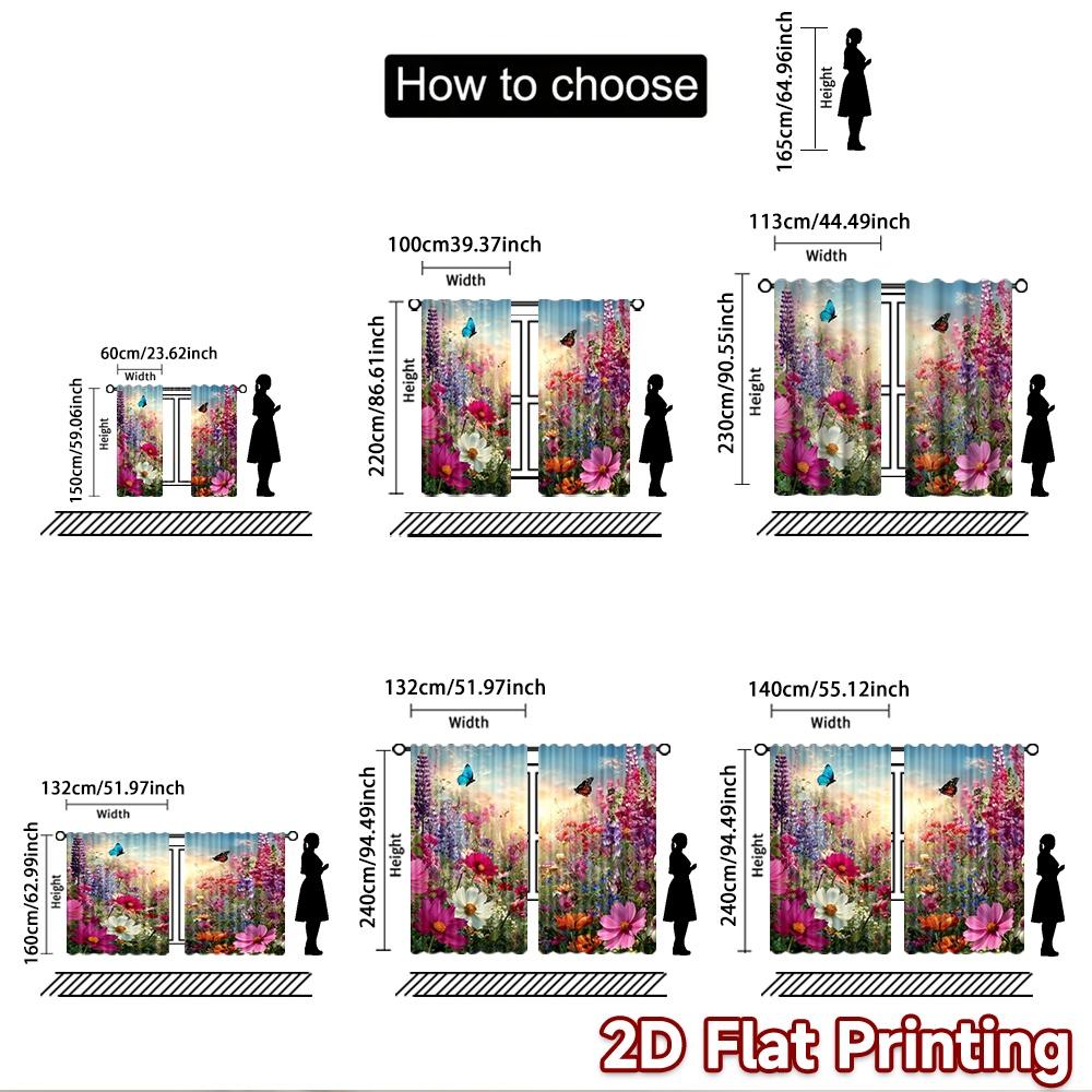 2D Flat Printing 2pcs Scene Curtains Butterflies Wildflowers Field Scenery Digital Printed Polyester Drapes Holiday Decorations
