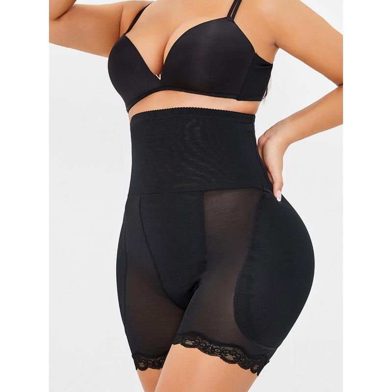 Women High Waist Mesh Sheer Lace Hem Tummy Control Butt Lifting Slim Shapewear Shorts S чёрный