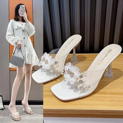 Fashion 2024 New Sandals for Women Wearing Fashionable Summer High Heels, Crystal Slim Heels, Transparent Women's Slippers