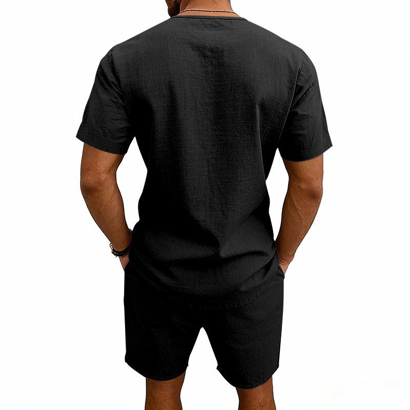Men's Linen V-Neck Short Sleeve T-Shirt and Shorts Set - Solid Color Beach Casual Wear