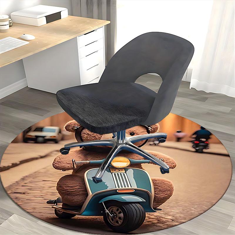 1pc Teddy Bear On Scooter Round Carpet - Anime Design, Office Chair Mat, Non-Slip Rug, Seasonal Gift, Suitable for Home Decor, Living Room, Bedroom, G