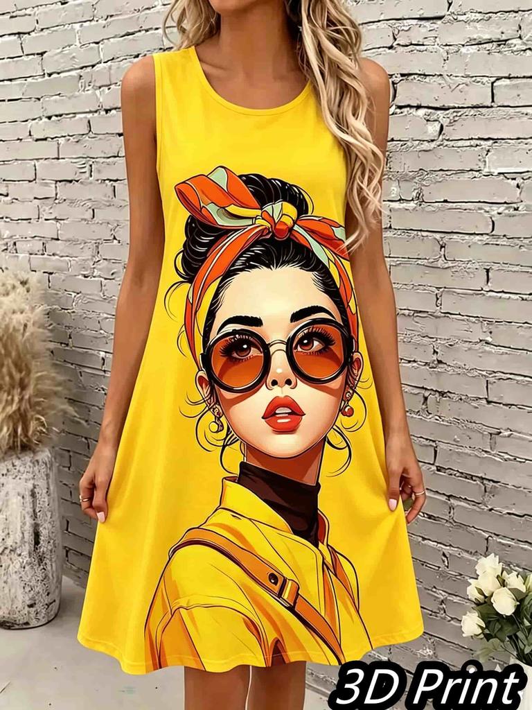 Lässiges Damen Tanktop-Kleid Sommer Ärmellos O-Ausschnitt 3D-Druck Locker A-Linien-Kleid Strand-Westenkleid