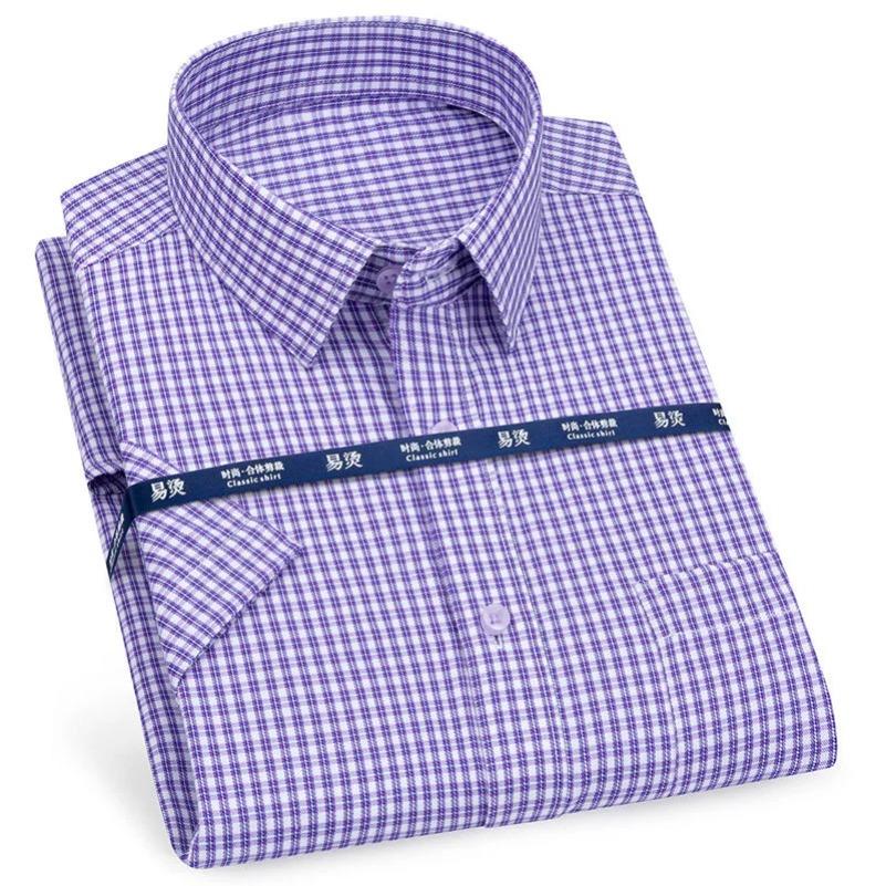 Men‘s Short Sleeve Shirt Business Classic Striped Plaid Checked Male Casual Social Dress Shirts Purple Blue 6XL Plus Large Size