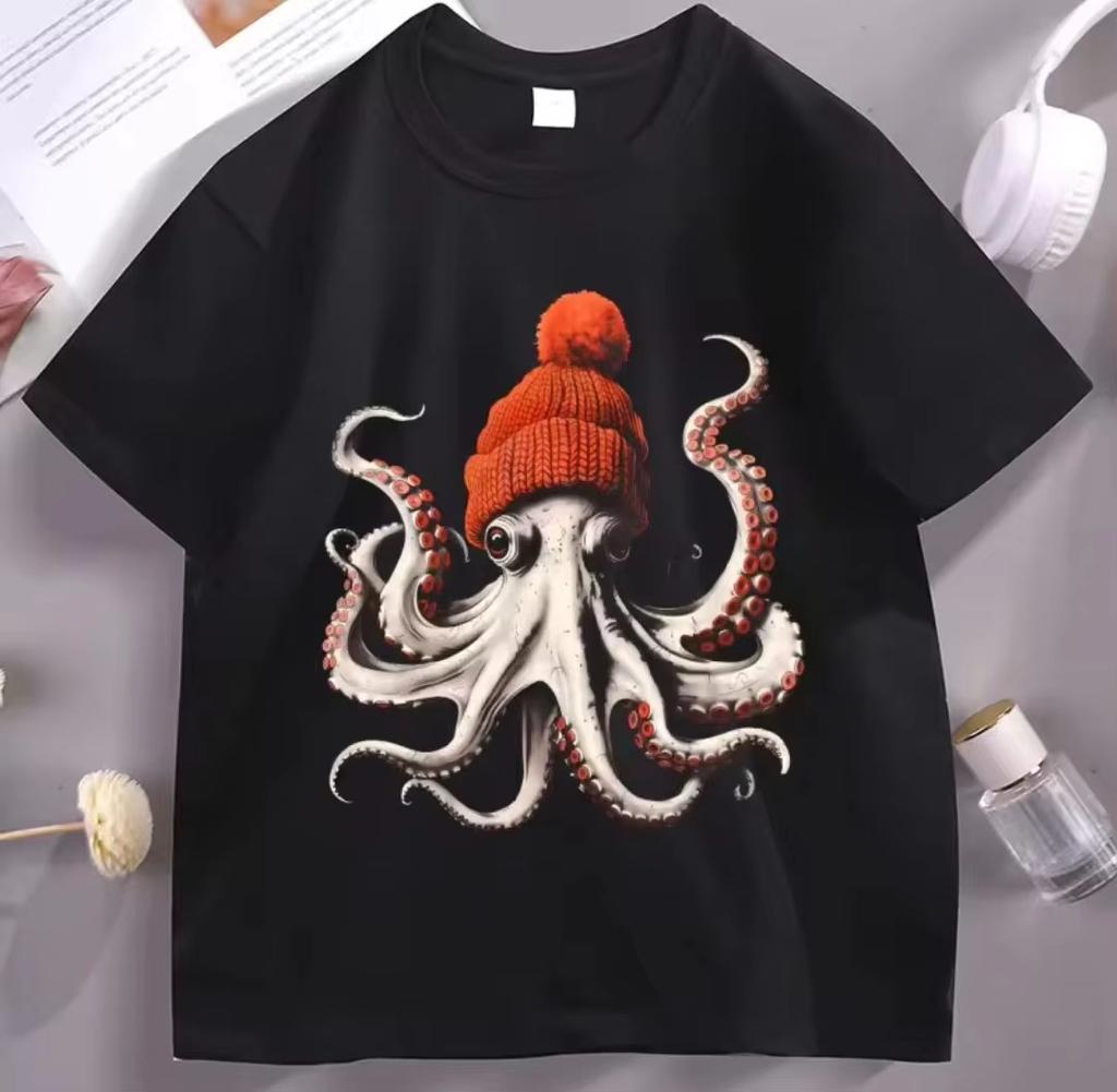 Funny Octopus Wearing Beanie Retro Print T-shirts Men Women's High Quality Fashion Clothing Short Sleeve 100% Cotton Unisex Tees