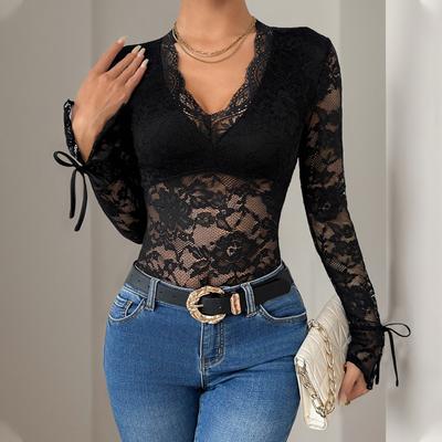 Dámský krajkový overal s dlouhým rukávem, výstřihem do V, sexy černý body