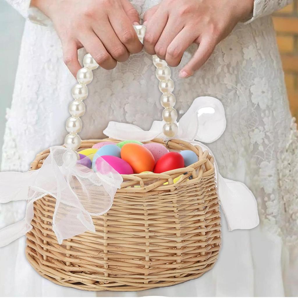 wicker rattan flower child Basket with Pearl handle and bow Hand woven Easter flower basket Wicker basket for Wedding party