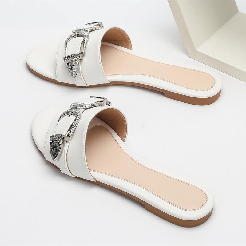 Fashion Metal Belt Buckle Decoration Women's Slippers Summer Lightweight Non-slip Slide Sandals Comfortable Peep Toe Beach Flat Sandals