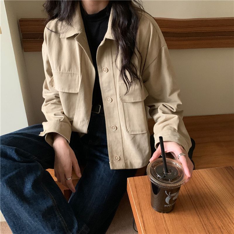 Retro Polo Collar Work Jacket for Women Petite Loose Short Jacket Cardigan Top