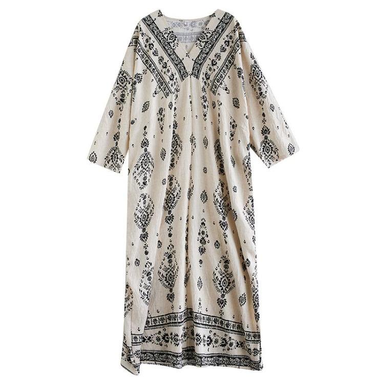 Casual Dresses - Plus Size Women Floral Vintage Long Dress Loose Oversize Maxi Casual Basic Long Sleeve Spring Printing Dress