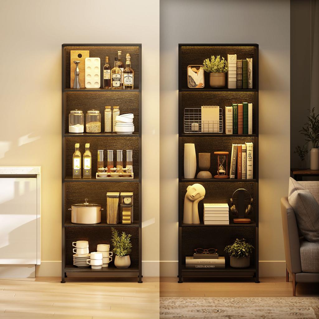 Bookshelf with 5 Levels, Standing Shelf with LED Lighting, 7 Light Colors, for Living Room, 60 x 30 x 179 cm Black