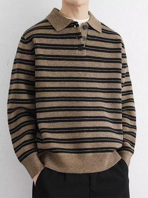 Men's Retro Striped Polo Collar Knit Pullover for Autumn/Winter