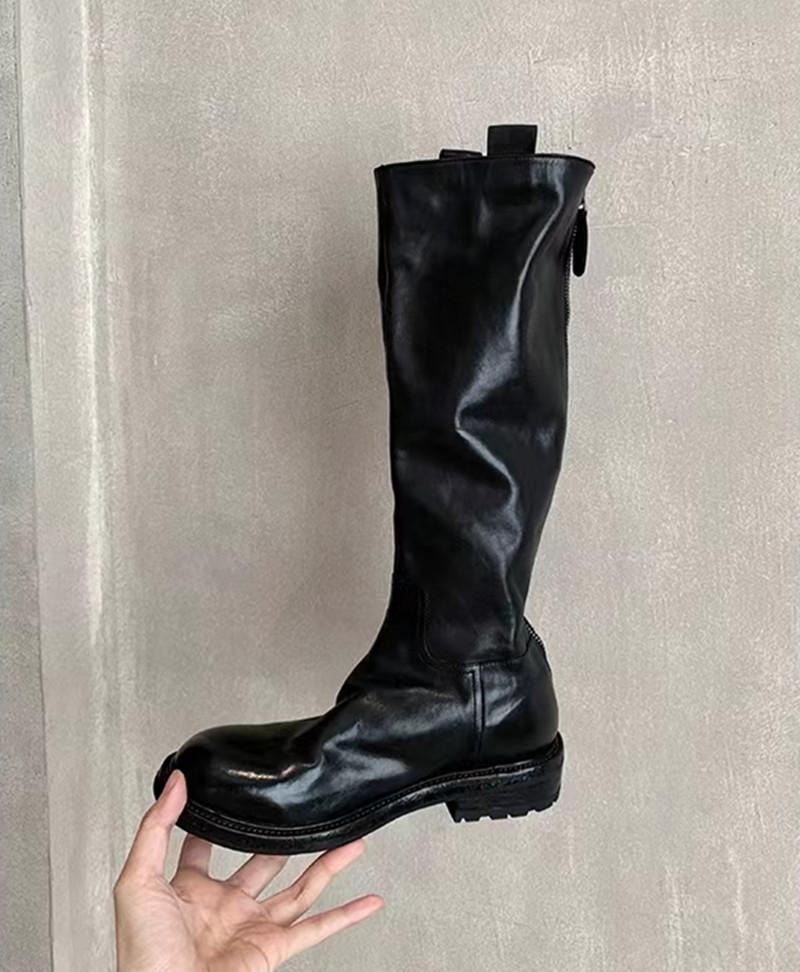 Cowhide version~ Grape mother retro pleated thick-soled long-leg knight boots female British style thin leather high-leg boots