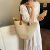Handwoven Straw Tote Bag with Leather Handles Woven Pattern Summer Beach Bag Casual Everyday Use