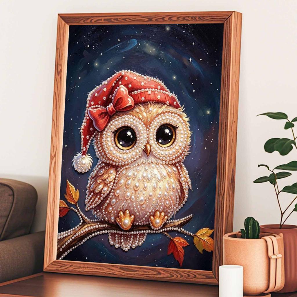 Framed Pearl Bead Painting Kit Christmas Owl Design DIY Shiny Canvas Art Relaxing Craft Gift for Craft Lovers Creative Wall Decor Projects