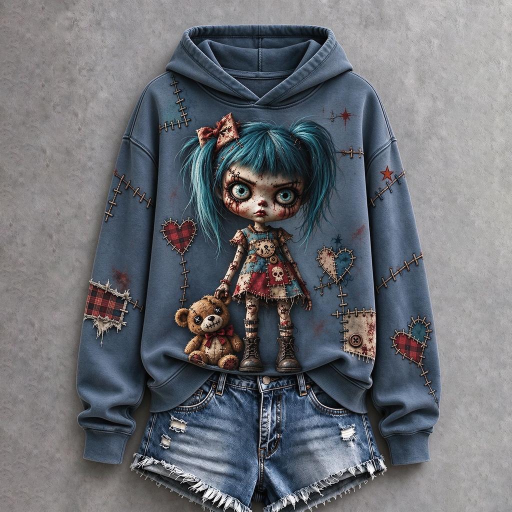 Women's Halloween Gothic Print Hooded Pullover Sweatshirt, Long Sleeve Casual Top