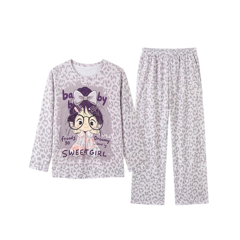 100% Cotton Girls Long Sleeve Pajamas Set Cartoon Print Round Neck Sleepwear Kids 8 Years