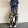 Mens Relaxed Fit Camo Leopard Print Patchwork Denim Cargo Pants Water Washed Straight Leg Workwear