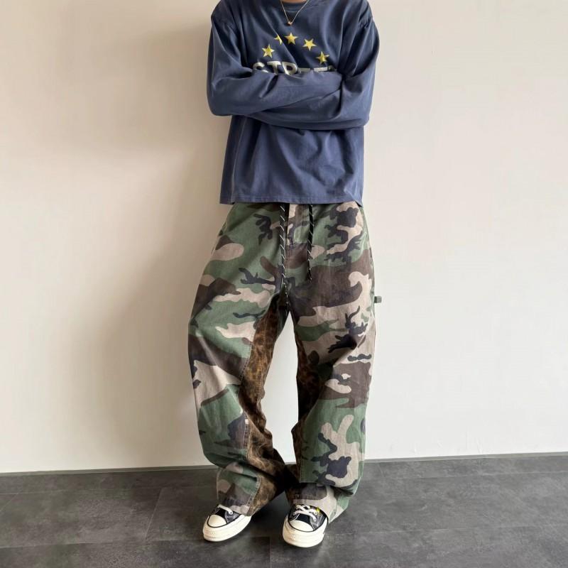 Mens Relaxed Fit Camo Leopard Print Patchwork Denim Cargo Pants Water Washed Straight Leg Workwear
