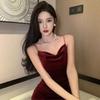 French gold velvet suspender dress women's summer sexy tight fishtail long dress split hip wrap dress dress