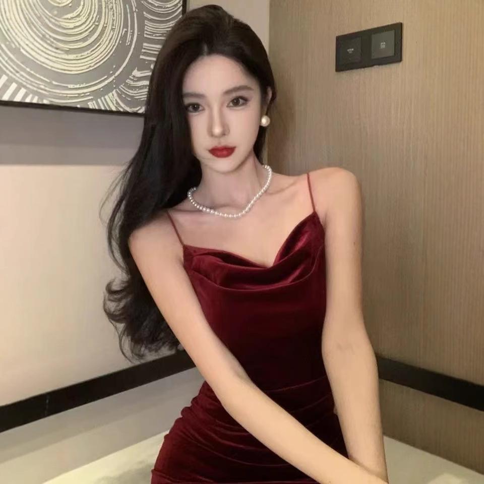 French gold velvet suspender dress women's summer sexy tight fishtail long dress split hip wrap dress dress
