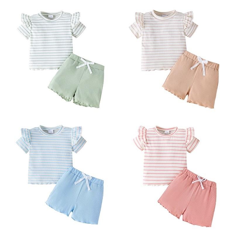 

Baby Girls Short Sleeved Striped Top And Shorts Two-Piece Kids Clothing Set 6-12M
