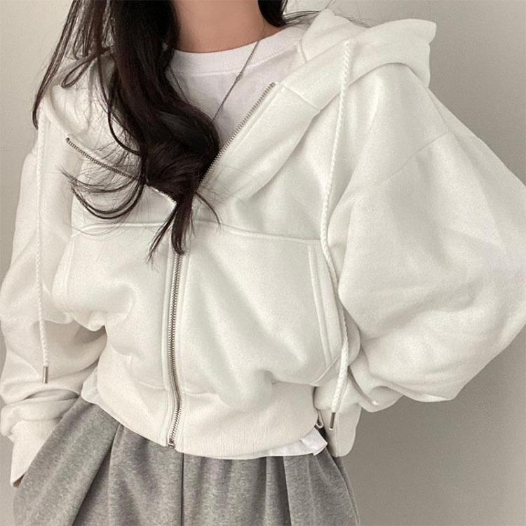 Vintage Korean Women's Oversized Zip Up Hoodie Jacket Long Sleeve Solid Color Harajuku Fashion Autumn Hooded Sweatshirt