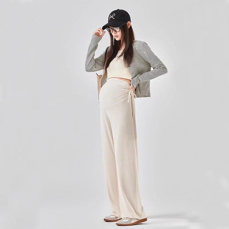 

High-Waist Maternity Pants: Non-Constricting, Wide-Leg, Drawstring Design for Spring/Autumn Comfort and Belly Support. L [suitable for 55-67.5kg]