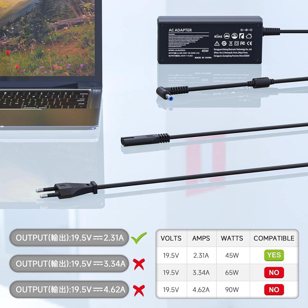 45W Charger for HP Probook 430 440 450 470 Elitebook 840 850 250 255 G3 G4 G5 13 14 15 Series Laptops 19.5V 2.31A