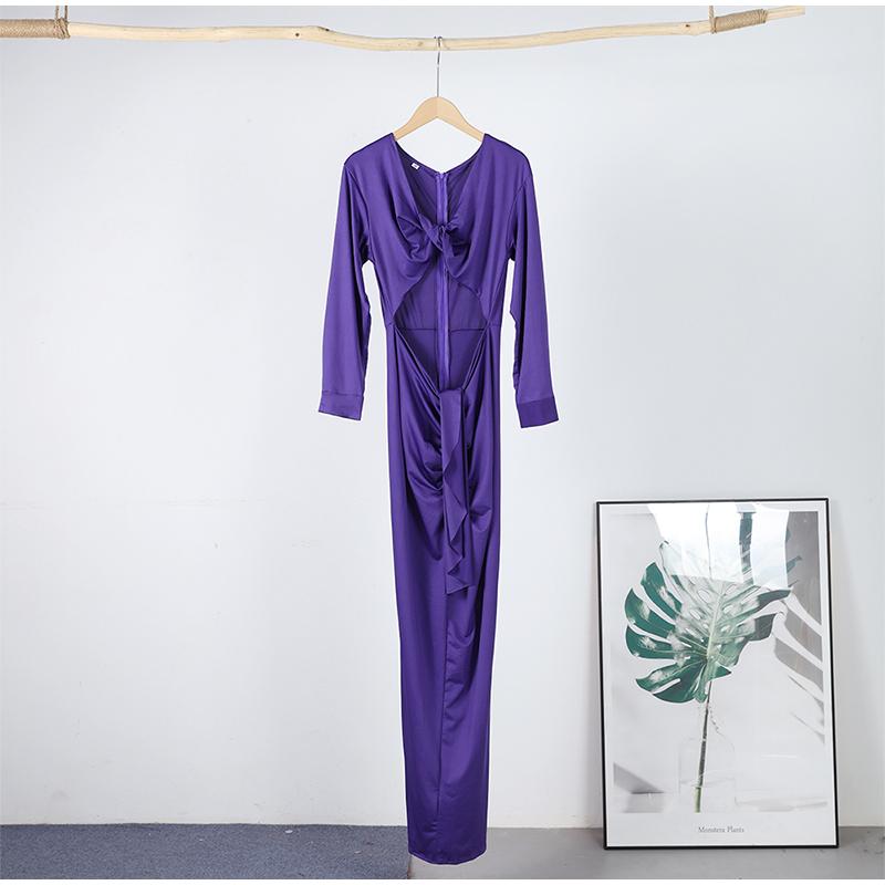 Purple Hollow Dress Sexy Exposed Belly Women Pleated Bow Long Sleeved V-Neck Slim Wrap Hip Dress 2025 New Summer Fashion