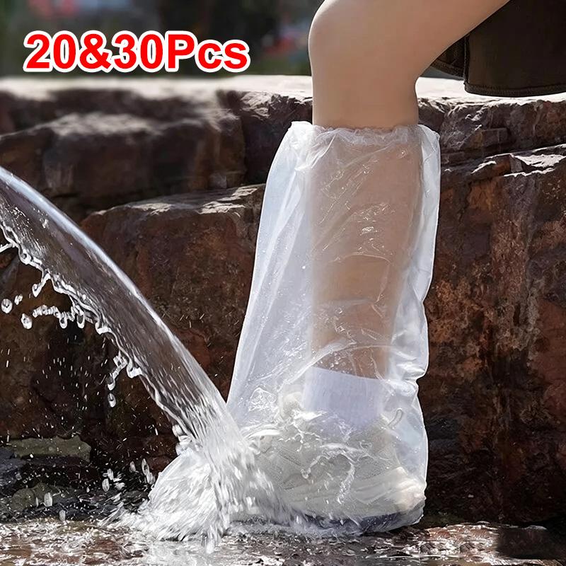 20/30pcs Disposable Waterproof Shoe Covers Lengthened & Thick Plastic Transparent Foot Protectors For Outdoor Hiking & Travel