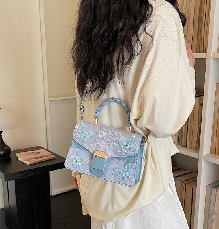 Sweet Butterfly Embroidery Shoulder Bag for Women Square Crossbody Bag Versatile Flap Handbag Purse