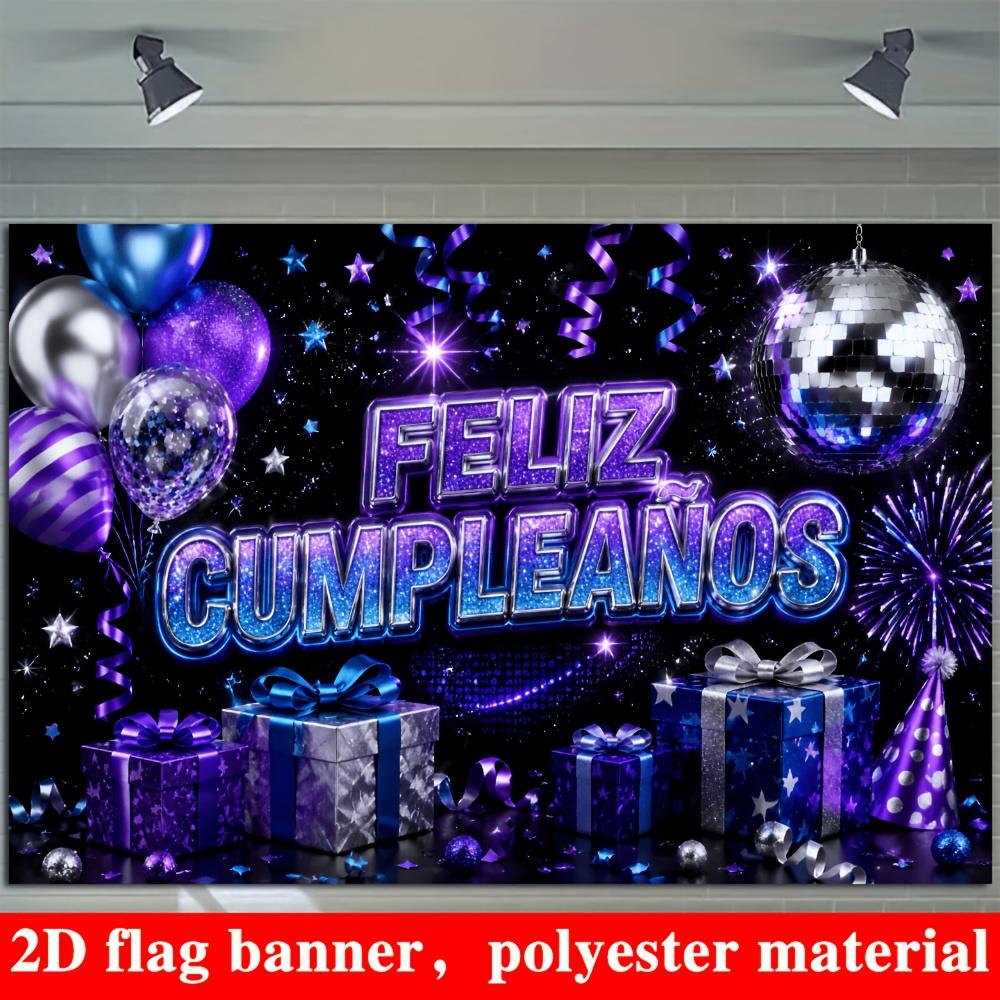 Birthday Party Banner Backdrop Purple Blue Glitter Balloons Gift Boxes Disco Ball