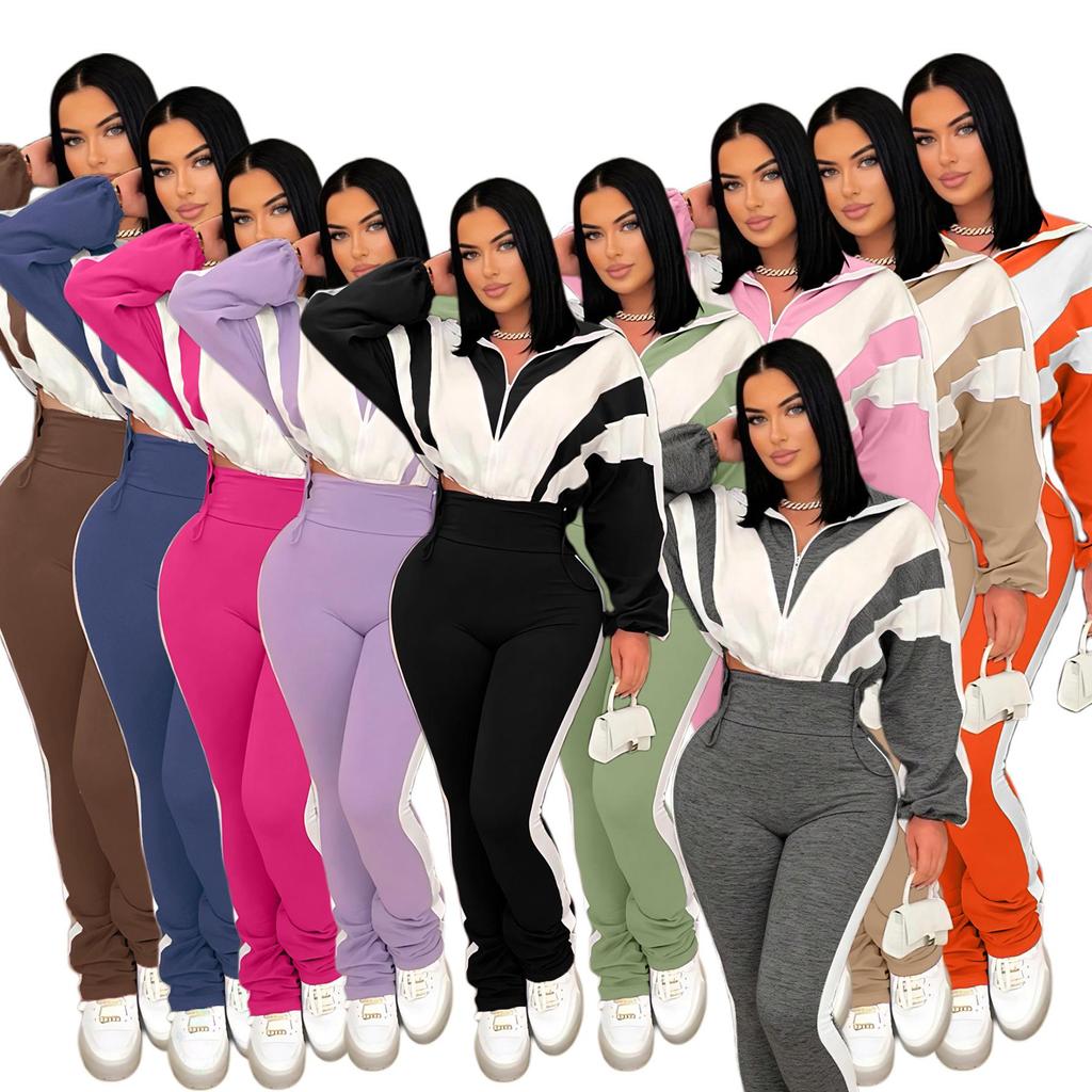 2025 European Style Color Block Sportswear Set: Stylish High-Waisted Long Pants & Casual Patchwork Two-Piece Ensemble.