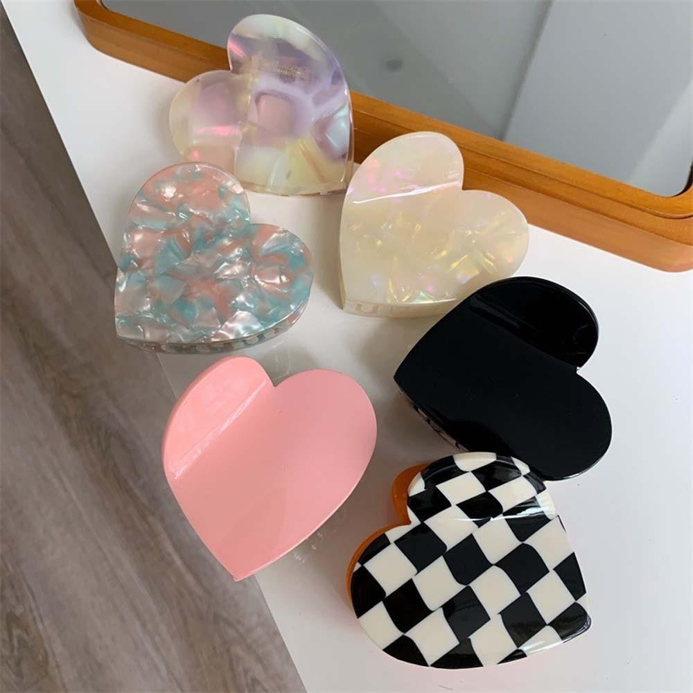 Elegant Heart Shark Clip Korean Style Plaid Hair Claw Hair Clip Acetic Acid Hair Claw Work